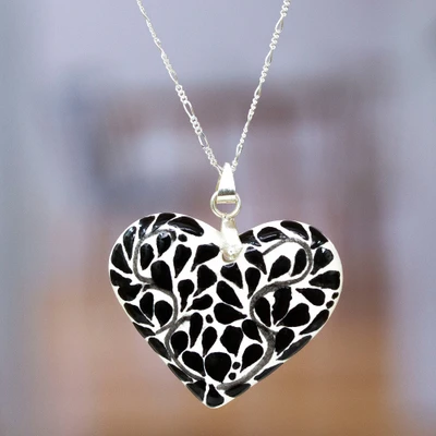Ceramic pendant necklace, 'Thriving Heart' - Handcrafted Heart-Themed Pendant Necklace with Leafy Motifs