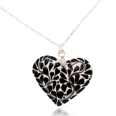 Ceramic pendant necklace, 'Thriving Heart' - Handcrafted Heart-Themed Pendant Necklace with Leafy Motifs