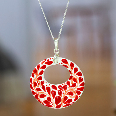 Ceramic pendant necklace, 'Leafy Love' - Fair Trade Romantic Red Ceramic Pendant Necklace from Mexico