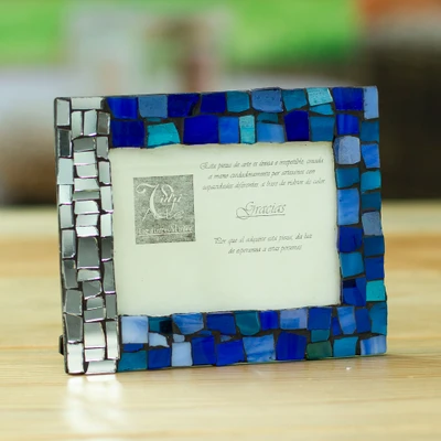 Stained glass photo frame, 'Heavenly Beloved' (3x4) - Handmade Stained and Mirror Glass Photo Frame in Blue (3x4)