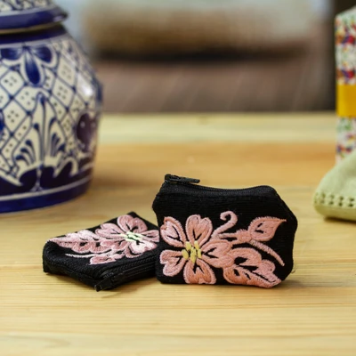 Embroidered cotton coin purses, 'Blush & Black Spring' (pair) - Embroidered Blush Cotton Coin Purse Pair with Floral Theme