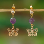 Gold-plated amethyst and cubic zirconia dangle earrings, 'Magenta Butterfly' - Gold-Plated Amethyst Cubic Zirconia Butterfly Earrings
