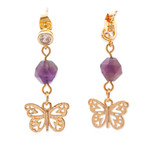 Gold-plated amethyst and cubic zirconia dangle earrings, 'Magenta Butterfly' - Gold-Plated Amethyst Cubic Zirconia Butterfly Earrings