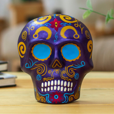 Ceramic wall art, 'Face of the Mythic Underworld' - Purple Floral Painted Day of the Dead Ceramic Skull Wall Art