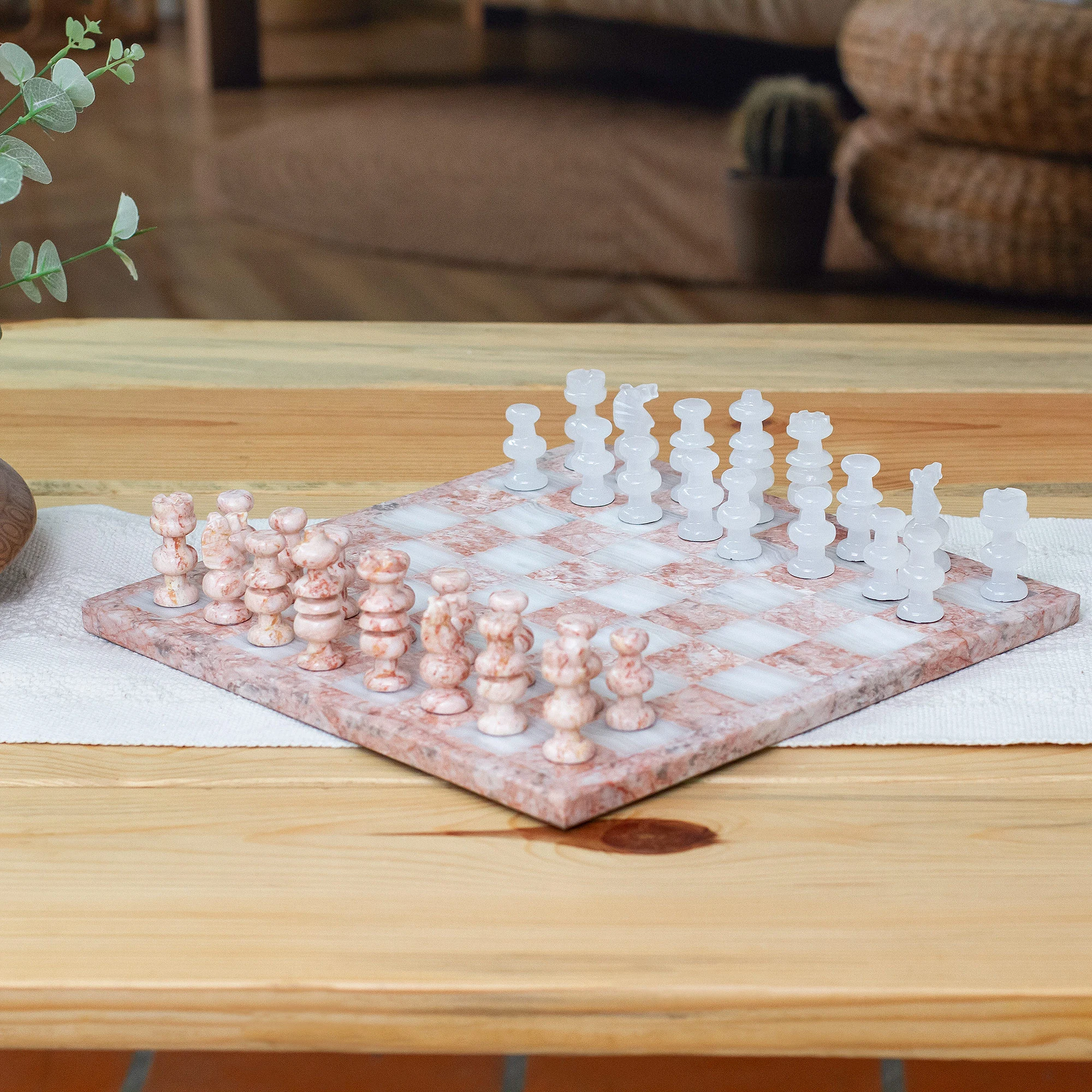 Modern Hand-Carved White Onyx and Pink Marble Chess Set, 'Riveting Challenge'