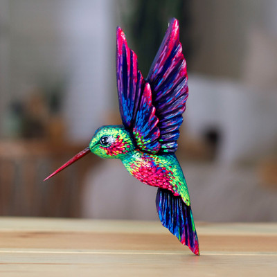 Wood wall art, 'Dazzling Hummingbird' - Hummingbird-Themed Wood Wall Art Carved and Painted by Hand
