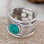 Turquoise cocktail ring, 'Color and Texture' - Modern Textured Openwork Turquoise Silver Cocktail Ring