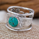 Turquoise cocktail ring, 'Color and Texture' - Modern Textured Openwork Turquoise Silver Cocktail Ring