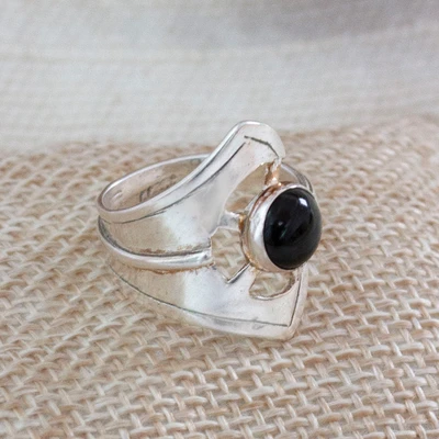 Onyx wrap cocktail ring, 'Modern Aura' - Onyx Sterling Silver Wrap Cocktail Ring with Modern Design
