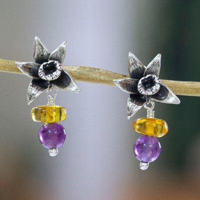 Amethyst and amber drop earrings, 'Orchid Glamour' - Amethyst Amber and Silver Drop Earrings with Orchid Motif