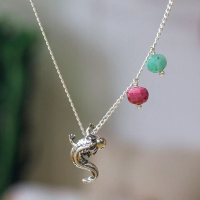 Amazonite pendant necklace, 'Axolotl Charm' - Amazonite Silver Pendant Necklace with Axolotl Theme