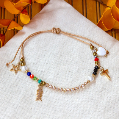 Gold-plated crystal and cultured pearl beaded charm bracelet, 'Sublime Story' - 24k Gold-Plated Crystal and Cream Pearl Bead Charm Bracelet