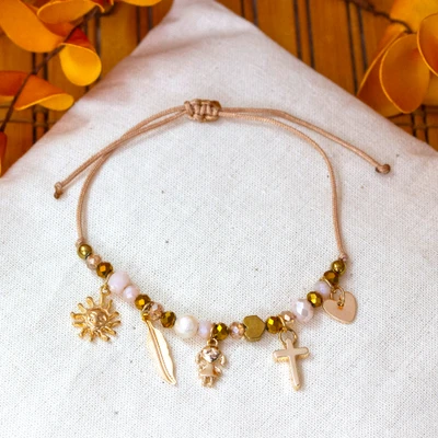 Gold-plated crystal and cultured pearl beaded charm bracelet, 'Golden Mana' - Inspirational 24k Gold-Plated Crystal Pearl Charm Bracelet
