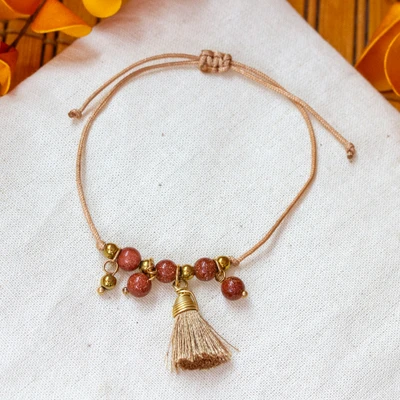 Aventurine and silk tassel bracelet, 'Tassel of Novelty' - Bronze Silk and Aventurine Tassel Bracelet Made in Mexico