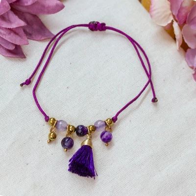 Amethyst and silk tassel bracelet, 'Tassel of Wisdom' - Purple Silk and Amethyst Tassel Bracelet Crafted in Mexico