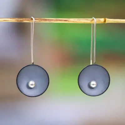 Sterling silver drop earrings, 'Lunar Blue' - Modern Moon-Themed Oxidized Sterling Silver Drop Earrings