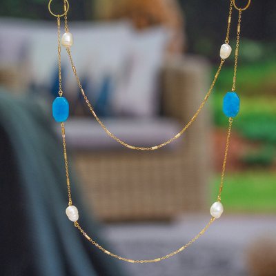 Gold-plated agate and cultured pearl station necklace, 'Pearly Blue' - 24k Gold-Plated Blue Agate and Cream Pearl Station Necklace