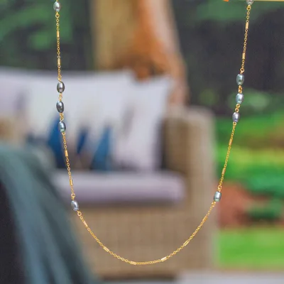 Gold-plated cultured pearl station necklace, 'Wise Tides' - High-Polished 24k Gold-Plated Grey Pearl Station Necklace