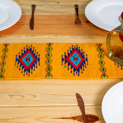 Wool table runner, 'Jewels of Marigold' - Diamond-Themed Marigold 100% Wool Table Runner from Mexico