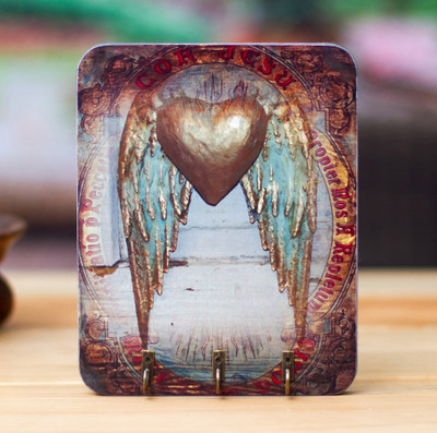 Decoupage wood key holder, 'Heaven Heart' - Artisan-Made Heart-Themed Decoupage Pinewood Key Holder