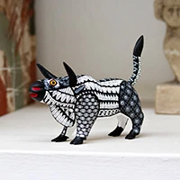 Wood alebrije sculpture, 'Toro Underworld' - Mexican-Made Black and White Wood Alebrije Bull Sculpture