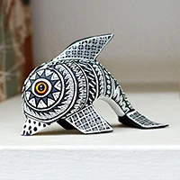 Wood alebrije sculpture, 'Marine Hades' - Sea Life-Themed Black and White Alebrije Dolphin Sculpture