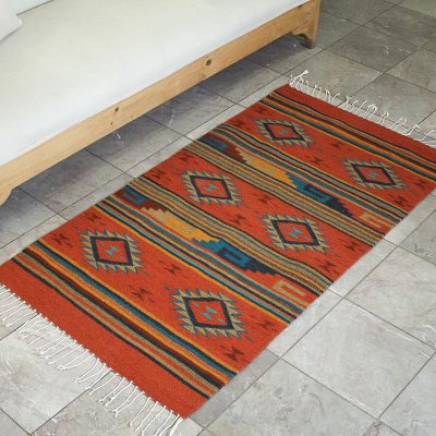 Zapotec wool rug, 'Rhombus Fire' (2.5x5) - Hand Loomed Zapotec Wool 2.5x5 Area Rug from Oaxaca