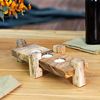 Wood tealight candleholder, 'Rustic Touch' - Rustic Hand-Carved Parota Wood 3-Tealight Candleholder
