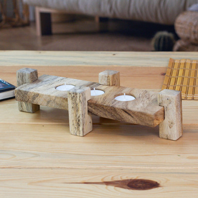 Wood tealight candleholder, 'Rustic Touch' - Rustic Hand-Carved Parota Wood 3-Tealight Candleholder