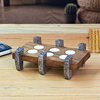 Wood and aluminum tealight candleholder, 'Charming Contrast' - 6-Tealight Wood Candleholder with Embossed Aluminum Feet