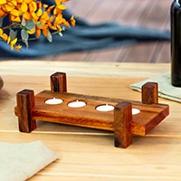 Wood tealight candleholder, 'Timber Glow' - Parota and Cedar Wood 4-Tealight Candleholder from Mexico