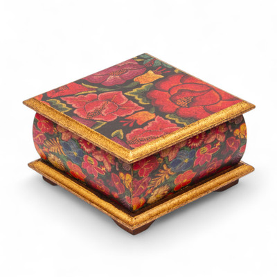 Decoupage jewelry box, 'Flowers from East' - Floral Patterned Decoupage Pinewood Jewelry Box from Mexico