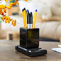 Marble pencil holder, 'Essentials in Place' - Handcrafted Marble Pencil Phone and Card Holder in Black