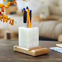 Marble and wood pencil holder, 'Everything in Place' - Marble Wood Pencil Phone and Card Holder for Office or Home