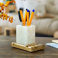 Marble and wood pencil holder, 'All in Place' - Marble Wood Pencil Holder with Slots for Phone and Cards