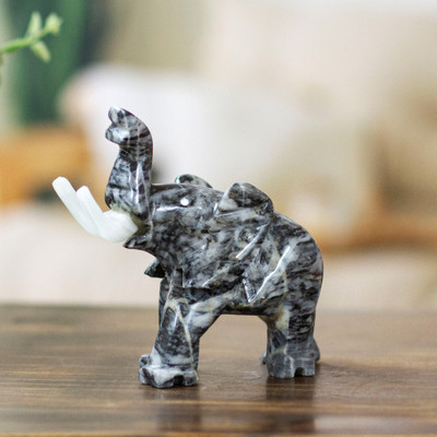 Marble sculpture, 'Charcoal Trunk Charm' - Elephant Marble Sculpture in Grey Hue Hand-Carved in Mexico