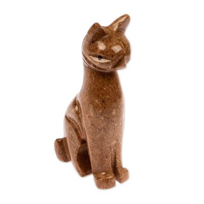 Marble sculpture, 'Chestnut Fabulous Feline' - Modern Cat-Themed Marble Sculpture for Tabletop Desk Shelf