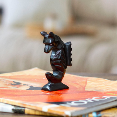 Marble figurine, 'Enigma of Gallantry' - Marine-Themed Handmade Seahorse Marble Figurine in Black