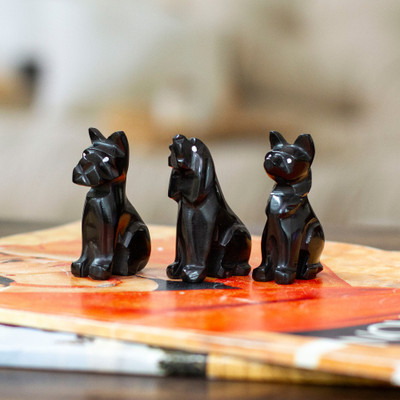 Marble figurines, 'Tails at Night' (set of 3) - Dog-Themed 3-Piece Marble Figurine Set in a Dark Palette