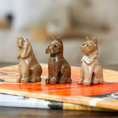 Marble figurines, 'Tails of Earth' (set of 3) - 3-Piece Hand-Carved Dog Marble Figurine Set in Earthy Tones