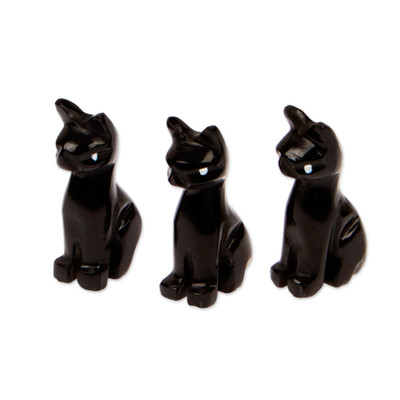 Marble figurines, 'Purrs at Night' (set of 3) - Dark-Palette Hand-Carved 3-Piece Cat Marble Figurine Set