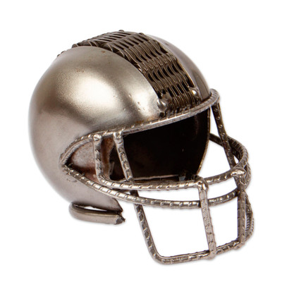 Upcycled metal sculpture, 'New Player' - Sport-Themed Upcycled Football Helmet Metallic Sculpture