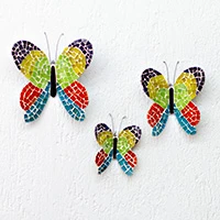 Glass wall art, 'Flutter to Spring' (set of 3) - Spring-Themed 3-Piece Glass and Iron Butterfly Wall Art Set
