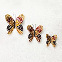 Glass wall art, 'Flutter to Earth' (set of 3) - Earthy-Toned 3-Piece Glass and Iron Butterfly Wall Art Set