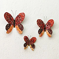 Glass wall art, 'Flutter to Autumn' (set of 3) - Handcrafted 3-Piece Glass Autumn Butterfly Wall Art Set
