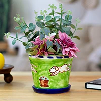 Ceramic flower pot and saucer, 'Merry Dogs' (medium) - Whimsical Dog-Themed Medium-Sized Flower Pot and Saucer Set