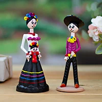 Ceramic sculptures, 'Night in Love' (set of 2) - Hand-Painted 2-Piece Folk Art-Themed Couple Sculpture Set