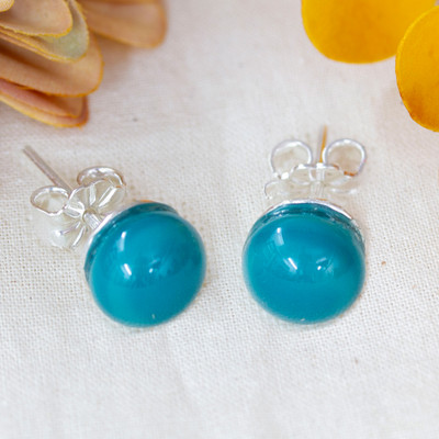 Fused glass stud earrings, 'Essential Teal' - Fused Glass Silver Teal Stud Earrings Handcrafted in Mexico