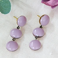 Gold-accented fused glass dangle earrings, 'Lilac Trio' - Round Lilac 18k Gold-Accented Fused Glass Dangle Earrings