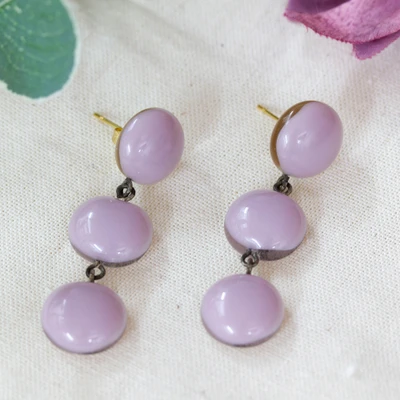 Gold-accented fused glass dangle earrings, 'Lilac Trio' - Round Lilac 18k Gold-Accented Fused Glass Dangle Earrings